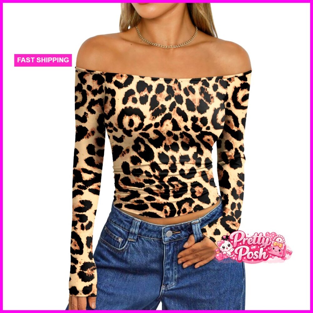 Off Shoulder Long Sleeve T-Shirt, 92% Polyester 8% Spandex, Y2K Fashion